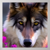 Jonge wolf in fuchsia roze bloemen poster (Voorkant)