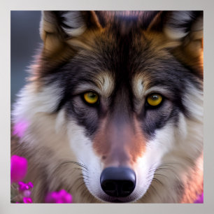 Jonge wolf in fuchsia roze bloemen poster