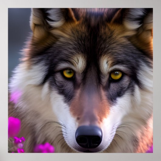 Jonge wolf in fuchsia roze bloemen poster (Voorkant)