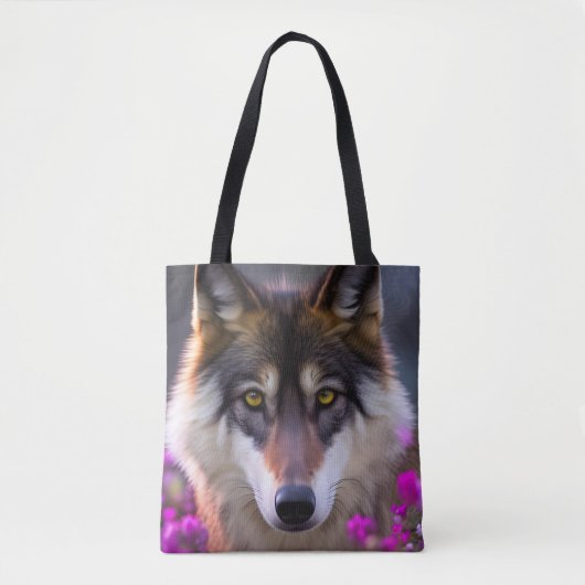Jonge wolf in fuchsia roze bloemen tote bag (Voorkant)