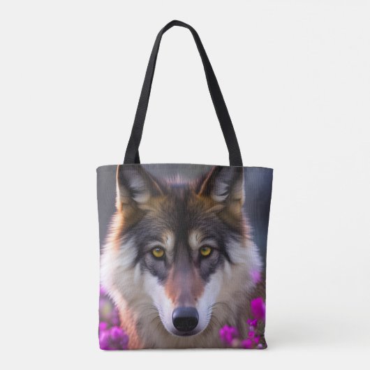 Jonge wolf in fuchsia roze bloemen tote bag (Achterkant)
