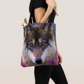 Jonge wolf in fuchsia roze bloemen tote bag (Dichtbij)