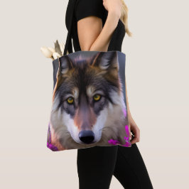 Jonge wolf in fuchsia roze bloemen tote bag