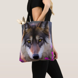 Jonge wolf in fuchsia roze bloemen tote bag