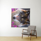 Jonge wolf in fuchsia roze bloemen wandkleed (In Situ (horizontaal))