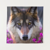 Jonge wolf in fuchsia roze bloemen wandkleed (Voorkant)