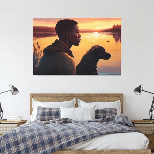 Jonge zwarte man en zijn hond canvas afdruk (Insitu (Slaapkamer))