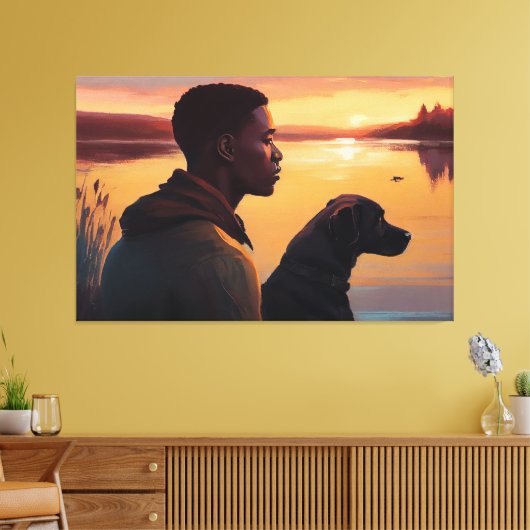 Jonge zwarte man en zijn hond canvas afdruk (Insitu (Woonkamer))
