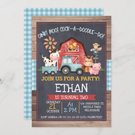 Jongeendieren Chalkboard Birthday Invitation Kaart (Voorkant / Achterkant)
