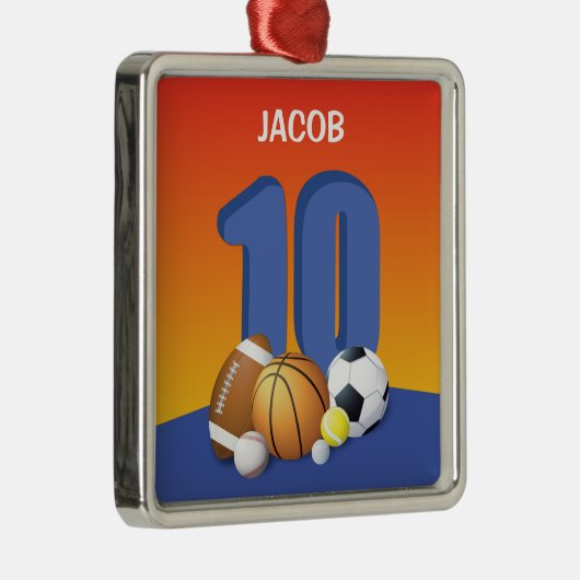 Jongen 10th Birthday Sports Balls Metalen Ornament (Rechts)