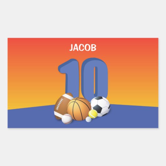 Jongen 10th Birthday Sports Balls Rechthoekige Sticker (Voorkant)