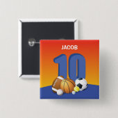 Jongen 10th Birthday Sports Balls Vierkante Button 5,1 Cm (Voorkant /achterkant)