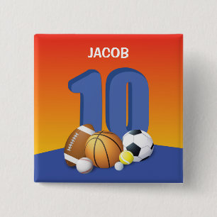 Jongen 10th Birthday Sports Balls Vierkante Button 5,1 Cm