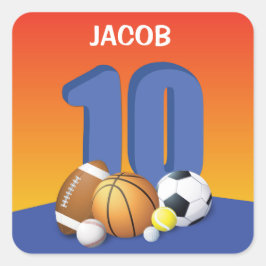 Jongen 10th Birthday Sports Balls Vierkante Sticker