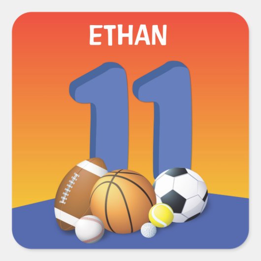 Jongen 11th Birthday Sports Balls Vierkante Sticker (Voorkant)