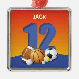 Jongen 12e verjaardag sportballen metalen ornament