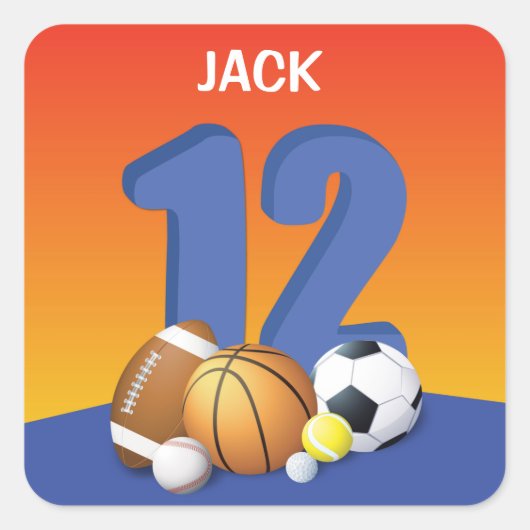 Jongen 12e verjaardag Sportbannen Vierkante Sticker (Voorkant)