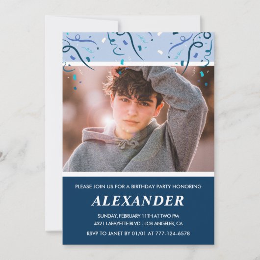 Jongen 14e verjaardag uitnodigingen Foto Navy Blue (Voorkant)