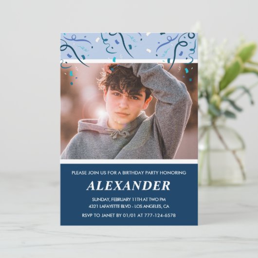 Jongen 14e verjaardag uitnodigingen Foto Navy Blue (Staand voorkant)