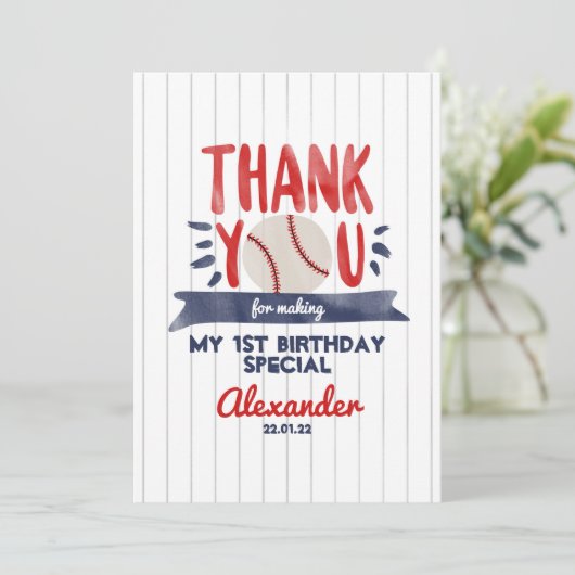 Jongen 1 Baseball Birthday Dank je wel Bedankkaart (Staand voorkant)