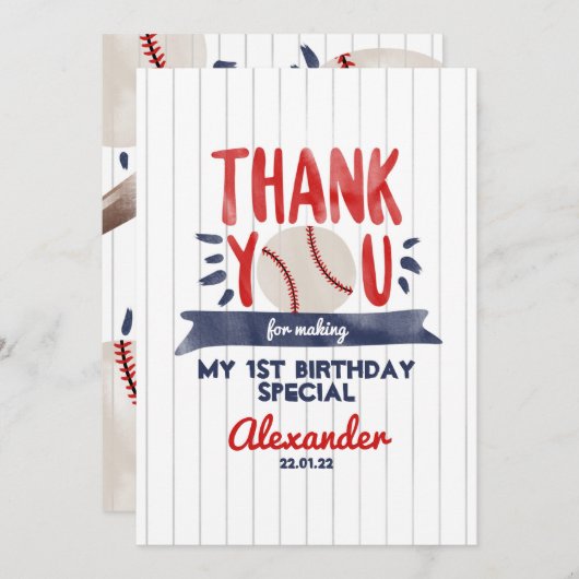 Jongen 1 Baseball Birthday Dank je wel Bedankkaart (Voorkant / Achterkant)