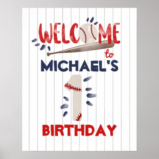Jongen 1e Baseball Birthday Welkom Poster (Voorkant)