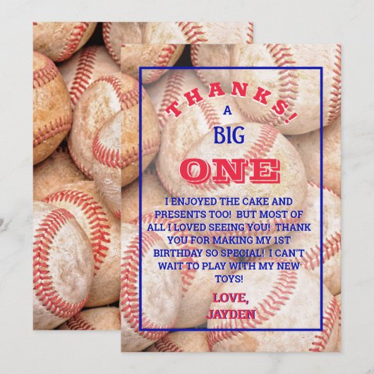 Jongen 1e verjaardag Baseball Bedankkaart (Voorkant / Achterkant)