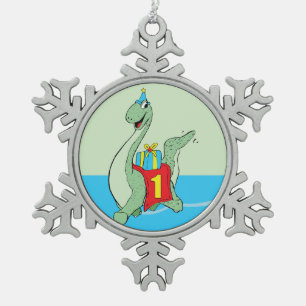 Jongen, 1e verjaardag dinosaurus tin sneeuwvlok ornament