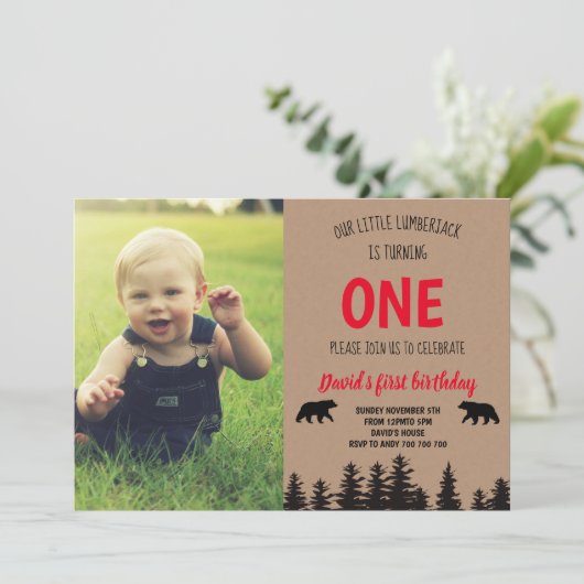 Jongen 1e Verjaardag Foto Nodig Lumberjack Kaart (Staand voorkant)