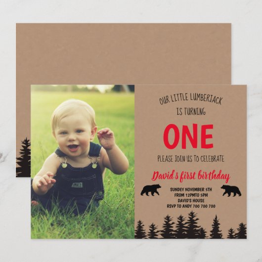 Jongen 1e Verjaardag Foto Nodig Lumberjack Kaart (Voorkant / Achterkant)