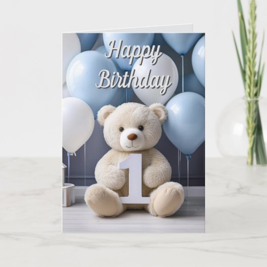 Jongen 1e Verjaardag Schattige Teddy Bear & Balloo Kaart (Voorkant)