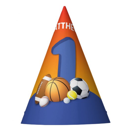 Jongen 1e verjaardag Sportballs Feesthoedjes (Voorkant)