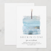 Jongen 1e verjaardag uitnodiging | Blauw eerste we (Voorkant / Achterkant)