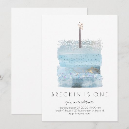 Jongen 1e verjaardag uitnodiging | Blauw eerste we (Voorkant / Achterkant)