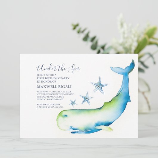 Jongen 1e Verjaardag Waterverf Walvis Zeester Kaart (Staand voorkant)