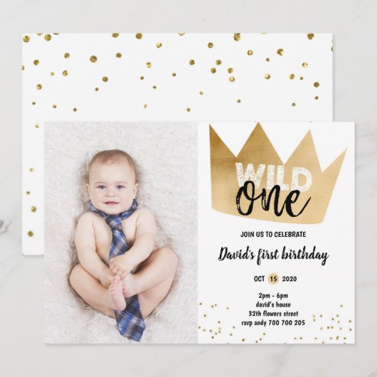 Jongen 1e Verjaardag WILD ONE Gold Foil Crown Foto Kaart (Voorkant / Achterkant)