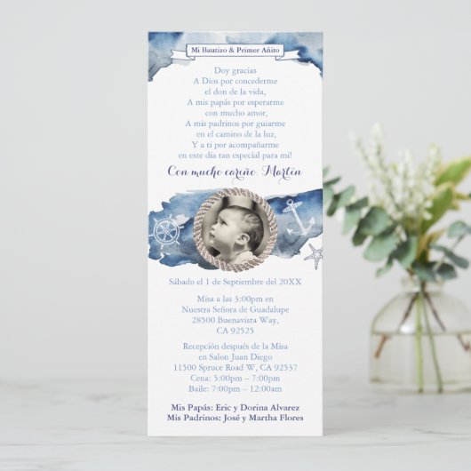 Jongen 1st Birthday Baptism Blue Nautical, Spaans Kaart (Staand voorkant)
