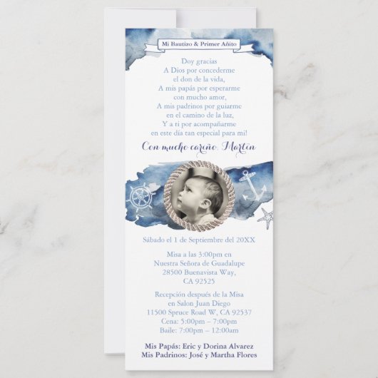 Jongen 1st Birthday Baptism Blue Nautical, Spaans Kaart (Voorkant)