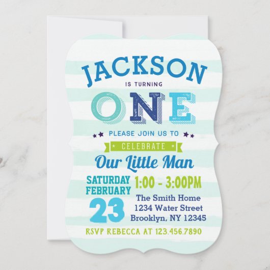 Jongen 1st Birthday Uitnodiging Blauw Groen Man (Voorkant)