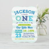 Jongen 1st Birthday Uitnodiging Blauw Groen Man (Staand voorkant)