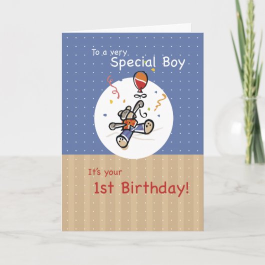Jongen 1st Teddy Bear Balloon Birthday Kaart (Voorkant)