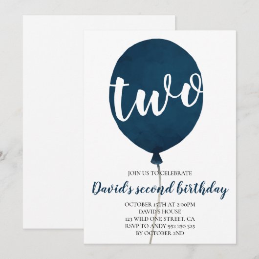 Jongen 2e Verjaardag Marine Blauwe Ballon Kaart (Voorkant / Achterkant)