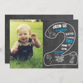 Jongen 2e verjaardag schoolbord met foto blauw kaart (Voorkant / Achterkant)