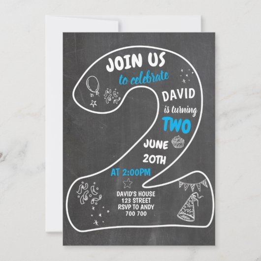 Jongen 2e verjaardag schoolbord nummer blauw kaart (Voorkant)