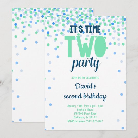 Jongen 2e verjaardag TWEE PARTIJ Confetti Blue Gre Kaart (Voorkant / Achterkant)