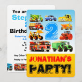 Jongen 2e verjaardag van Truck Vehicles Party Kaart (Voorkant / Achterkant)
