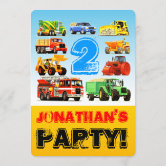 Jongen 2e verjaardag van Truck Vehicles Party Kaart