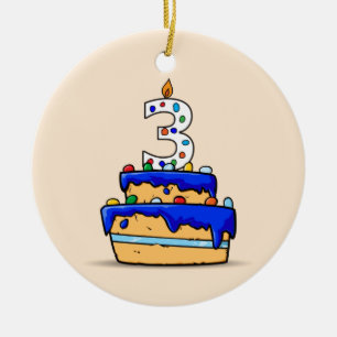 Jongen 3e verjaardag, 3 op zoete blauwe cake keramisch ornament