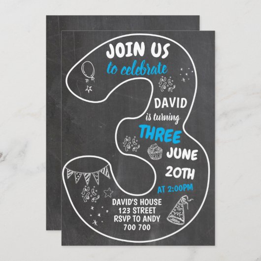 Jongen 3e verjaardag schoolbord nummer blauw kaart (Voorkant / Achterkant)