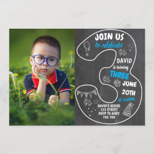 Jongen 3rd Birthday-alkboard met foto-nummer blauw Kaart